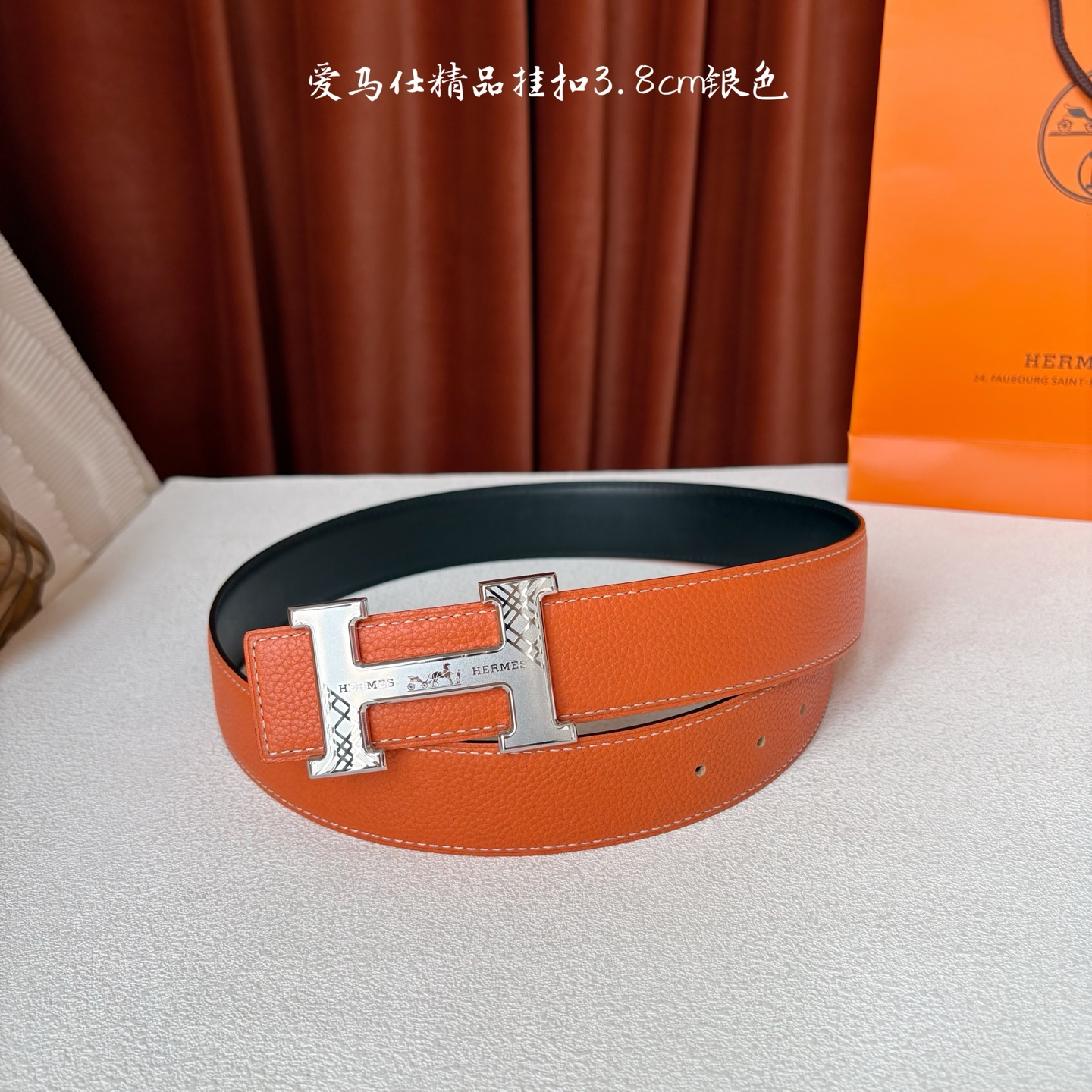 【爱马仕】Hermes 原单爱马仕，宽3.8cm进口原版皮带身，双面可两面用，精品电镀五金 ！