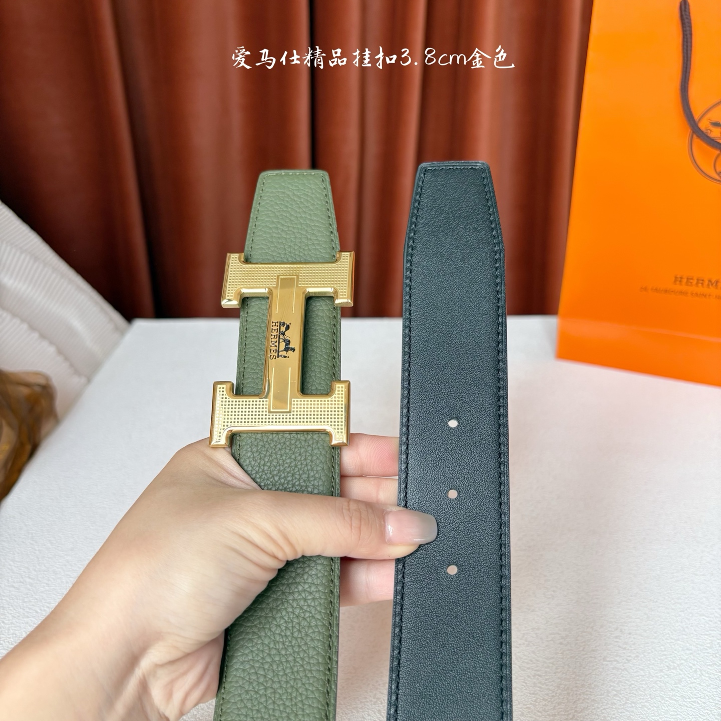 【爱马仕】Hermes 原单爱马仕，宽3.8cm进口原版皮带身，双面可两面用，精品电镀五金 ！