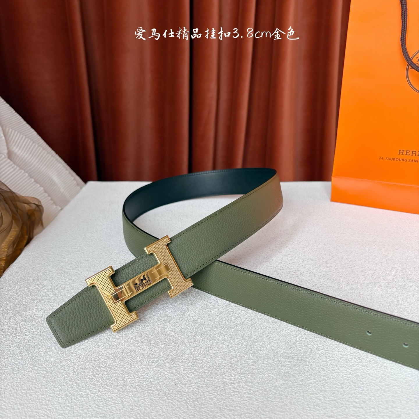 【爱马仕】Hermes 原单爱马仕，宽3.8cm进口原版皮带身，双面可两面用，精品电镀五金 ！