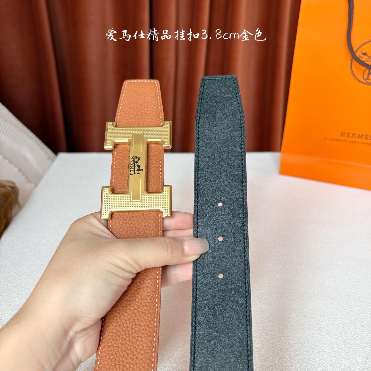 【爱马仕】Hermes 原单爱马仕，宽3.8cm进口原版皮带身，双面可两面用，精品电镀五金 ！