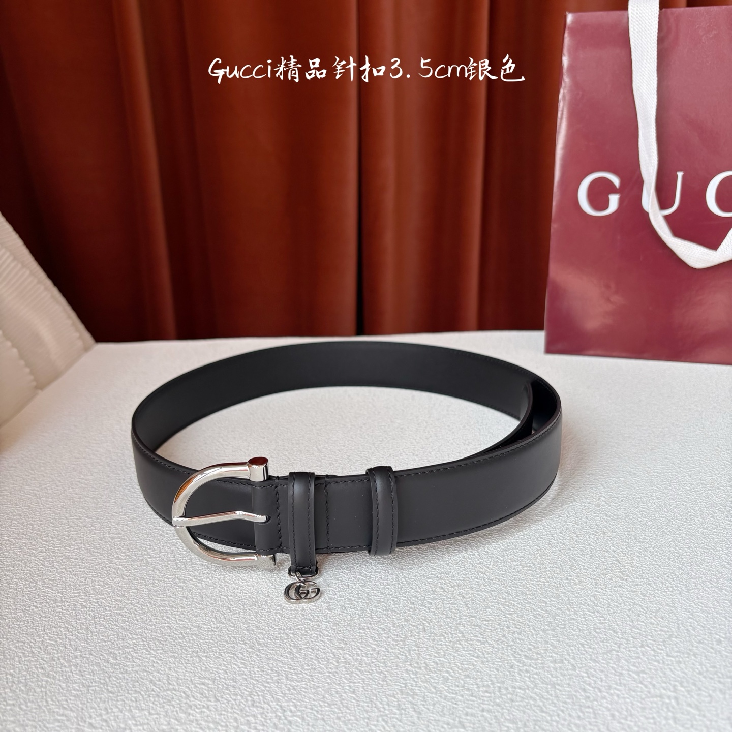 Gucci 经典款面平纹进口原厂皮 搭配原版平纹底 精品针扣 戒指上有品牌logo吊坠 宽3.5Cm 潮