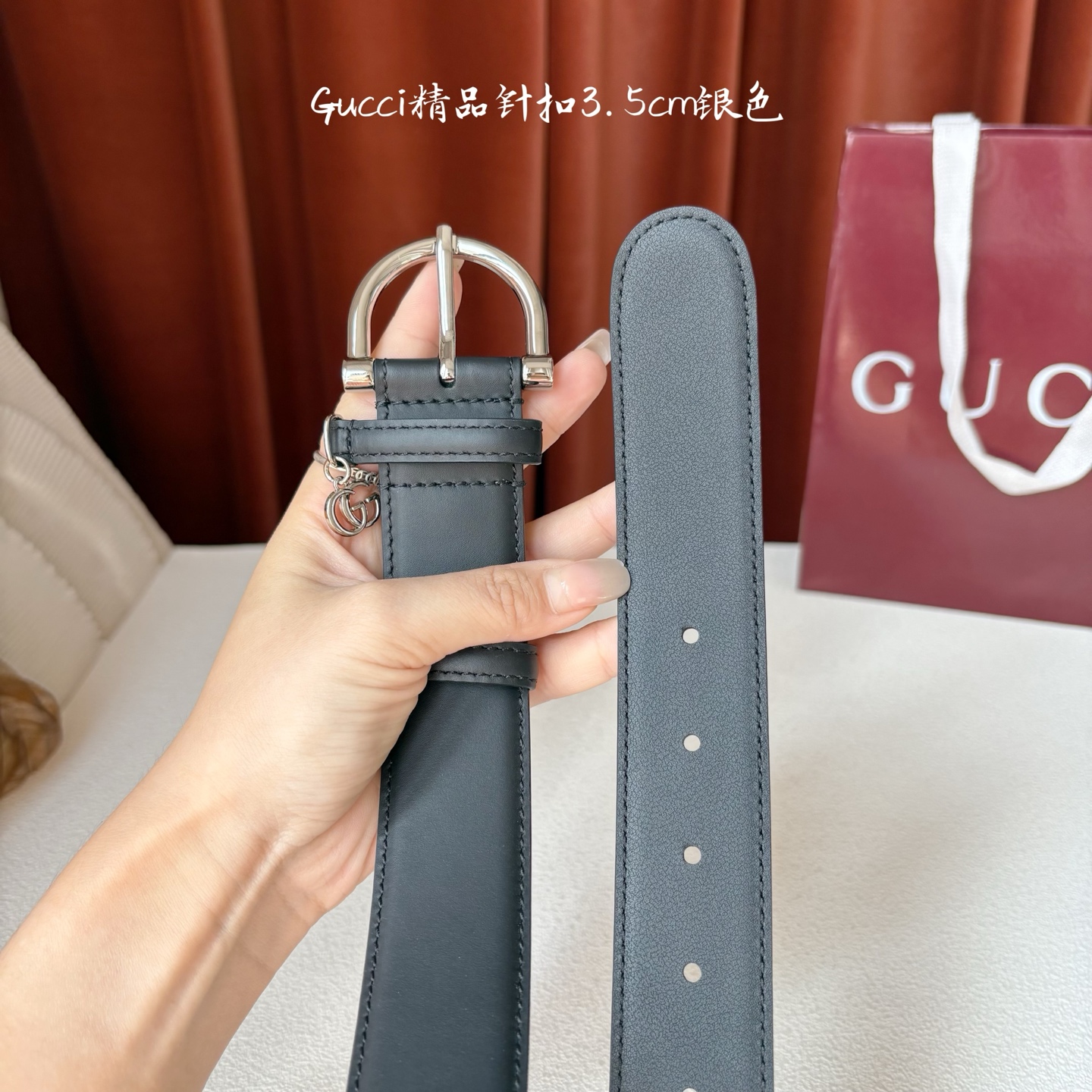 Gucci 经典款面平纹进口原厂皮 搭配原版平纹底 精品针扣 戒指上有品牌logo吊坠 宽3.5Cm 潮