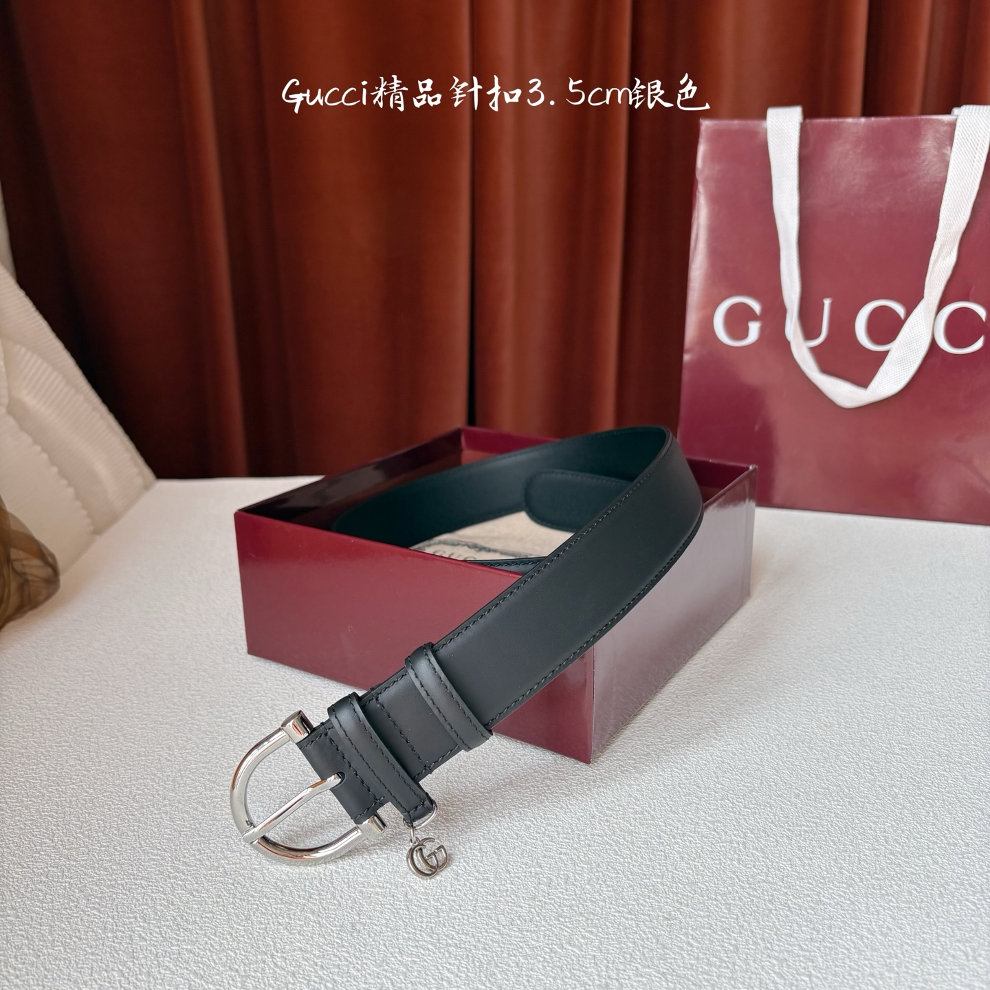 Gucci 经典款面平纹进口原厂皮 搭配原版平纹底 精品针扣 戒指上有品牌logo吊坠 宽3.5Cm 潮