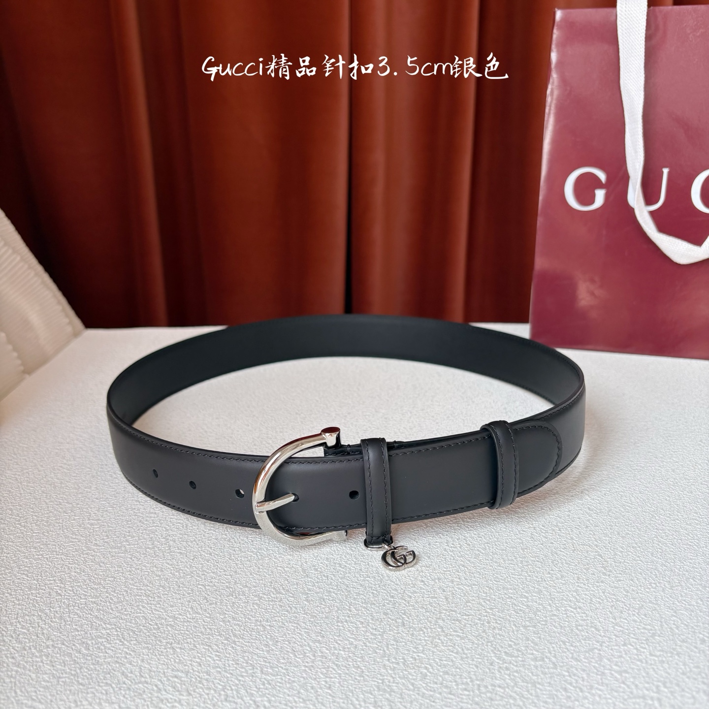 Gucci 经典款面平纹进口原厂皮 搭配原版平纹底 精品针扣 戒指上有品牌logo吊坠 宽3.5Cm 潮