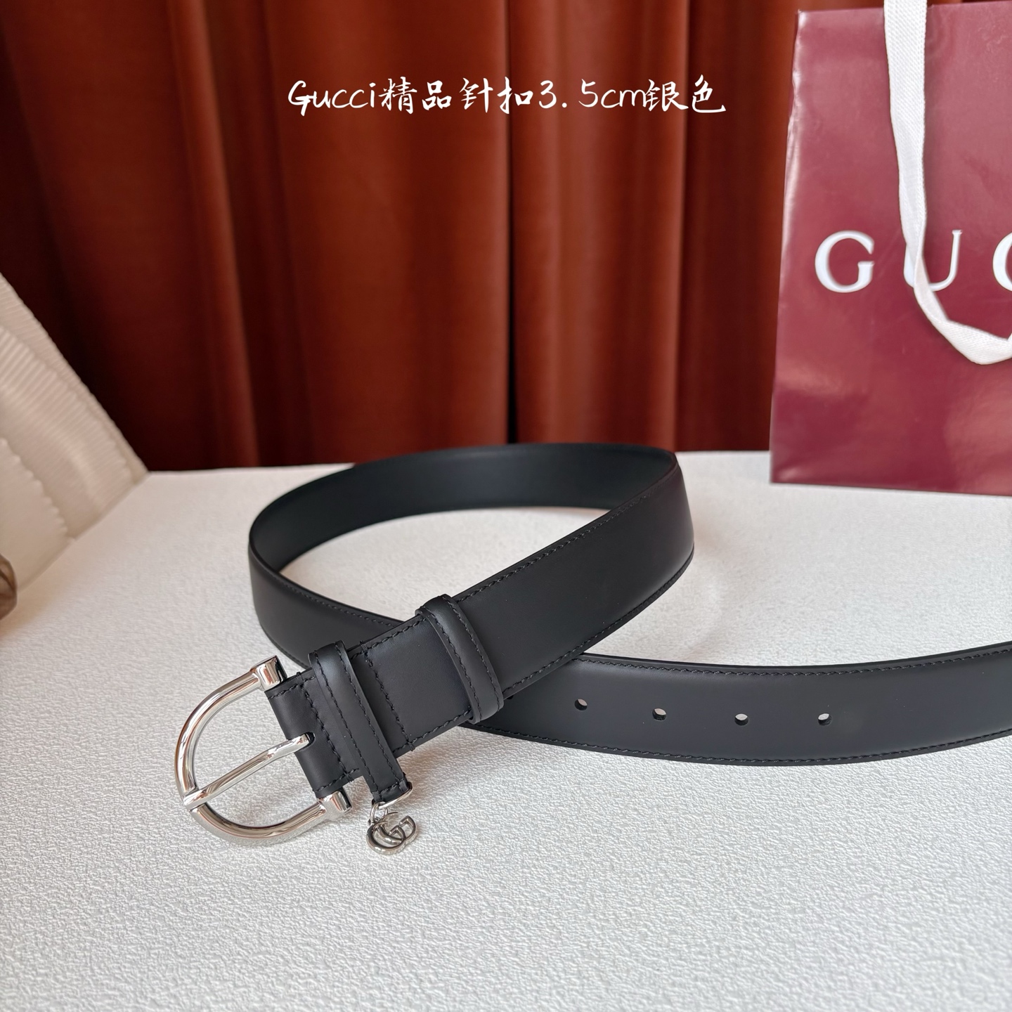 Gucci 经典款面平纹进口原厂皮 搭配原版平纹底 精品针扣 戒指上有品牌logo吊坠 宽3.5Cm 潮