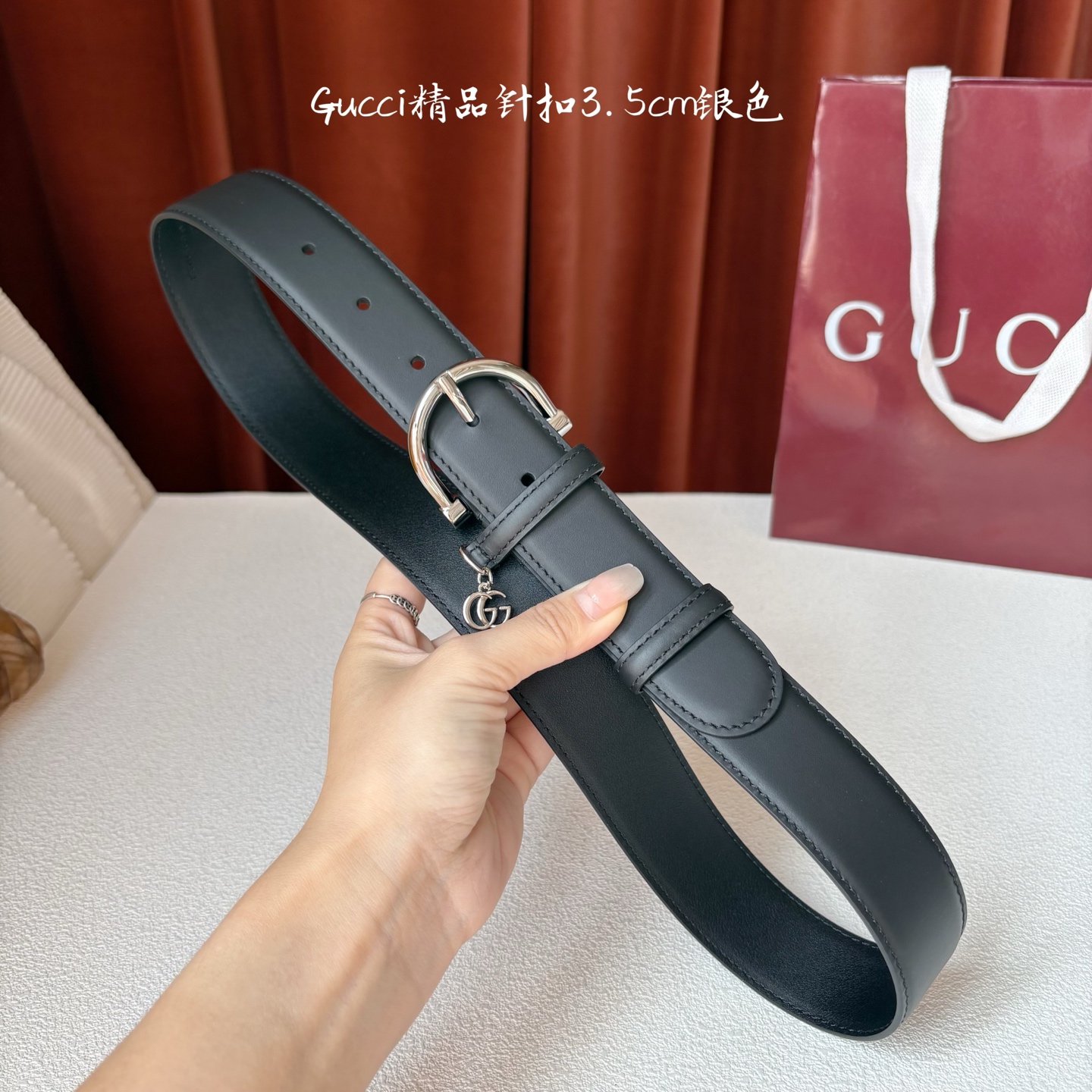 Gucci 经典款面平纹进口原厂皮 搭配原版平纹底 精品针扣 戒指上有品牌logo吊坠 宽3.5Cm 潮