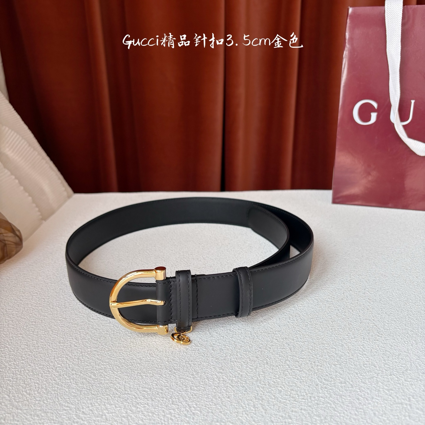 Gucci 经典款面平纹进口原厂皮 搭配原版平纹底 精品针扣 戒指上有品牌logo吊坠 宽3.5Cm 潮
