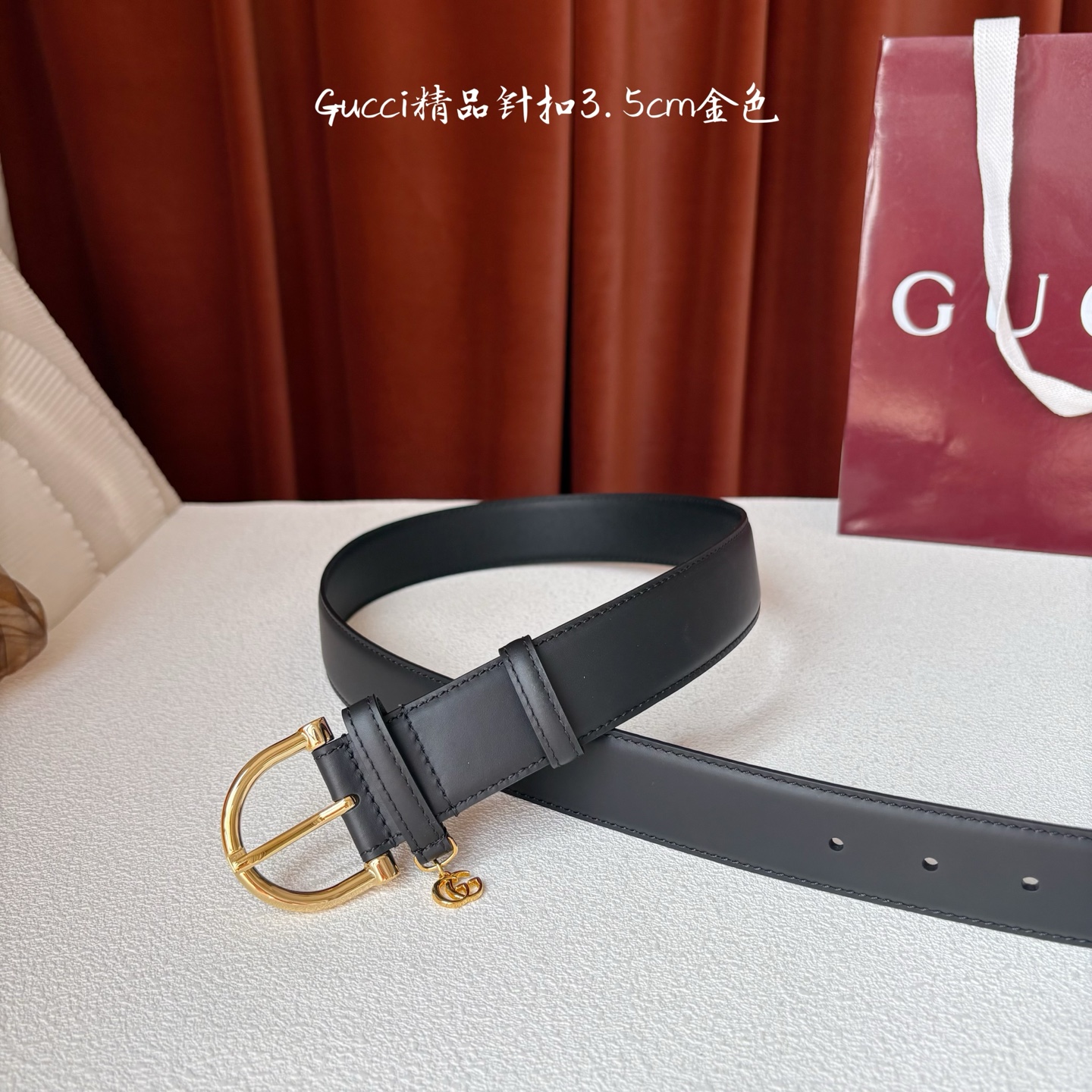 Gucci 经典款面平纹进口原厂皮 搭配原版平纹底 精品针扣 戒指上有品牌logo吊坠 宽3.5Cm 潮