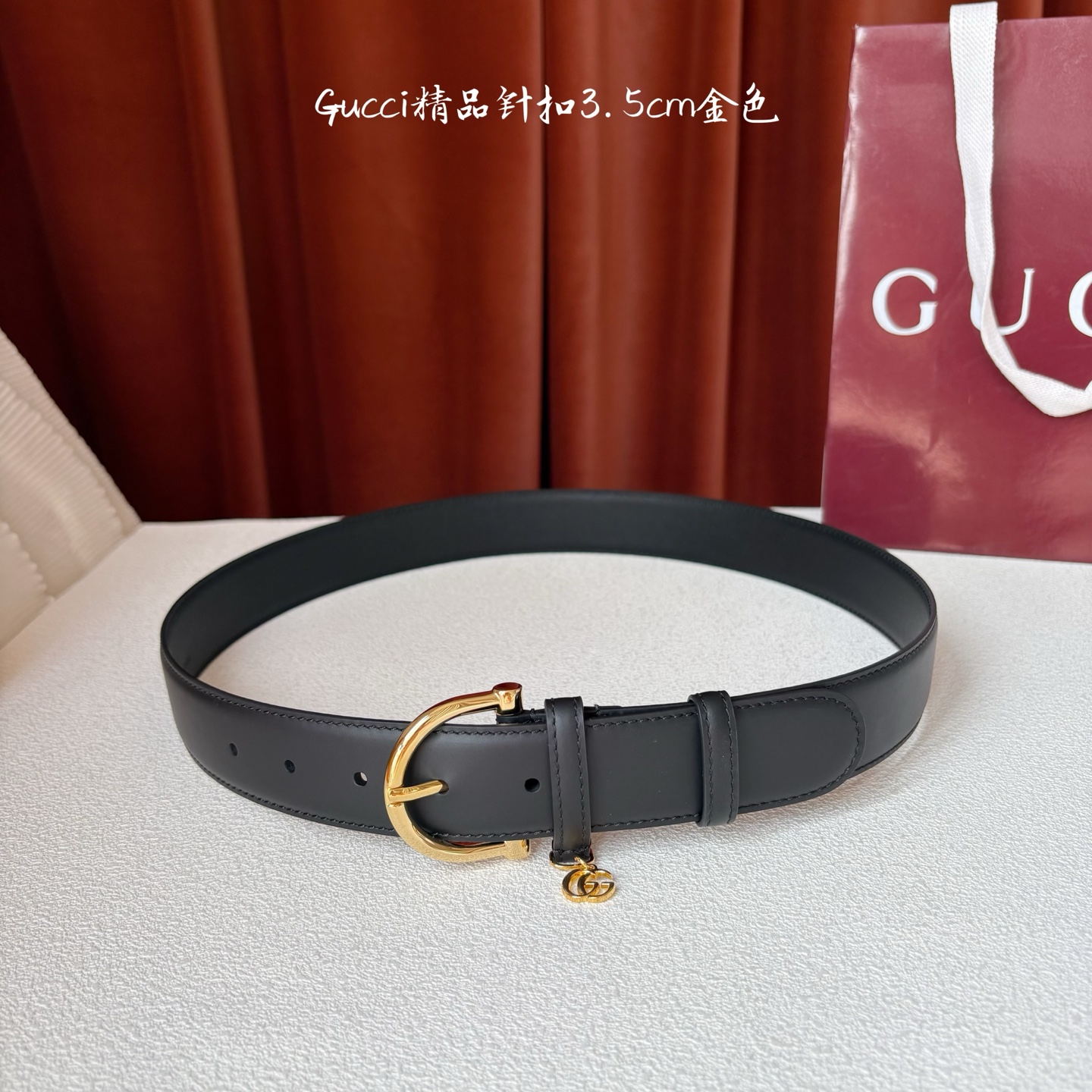 Gucci 经典款面平纹进口原厂皮 搭配原版平纹底 精品针扣 戒指上有品牌logo吊坠 宽3.5Cm 潮