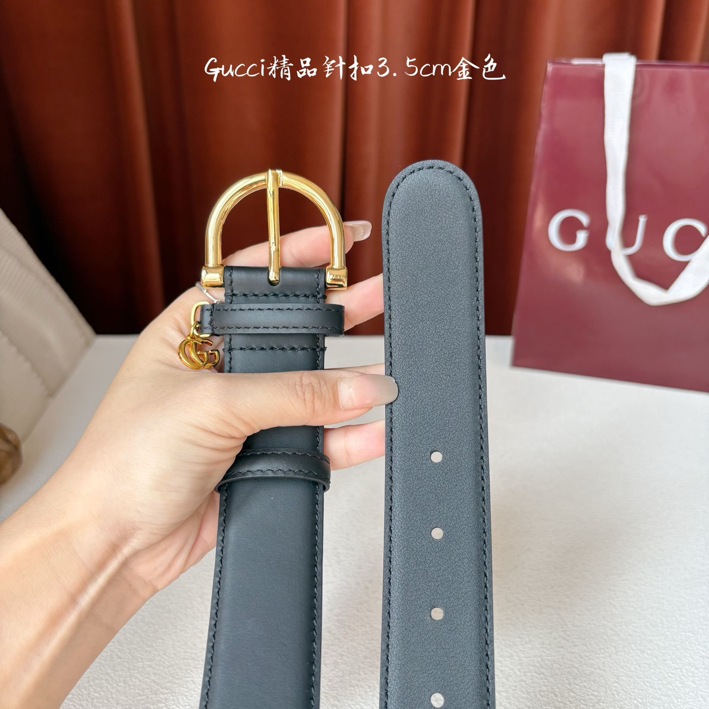 Gucci 经典款面平纹进口原厂皮 搭配原版平纹底 精品针扣 戒指上有品牌logo吊坠 宽3.5Cm 潮