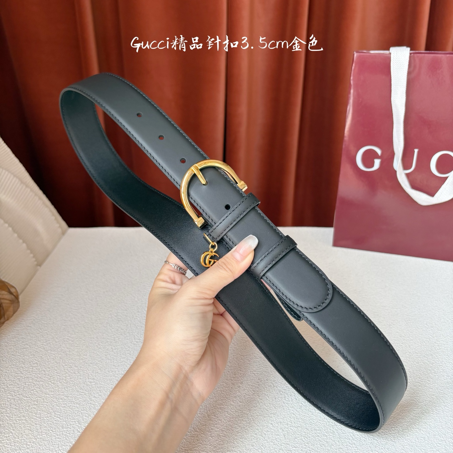 Gucci 经典款面平纹进口原厂皮 搭配原版平纹底 精品针扣 戒指上有品牌logo吊坠 宽3.5Cm 潮