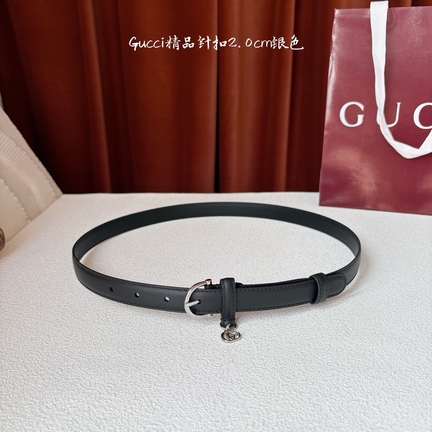 Gucci 经典款面平纹进口原厂皮 搭配原版平纹底 精品针扣 戒指上有品牌logo吊坠 宽2.0Cm 潮