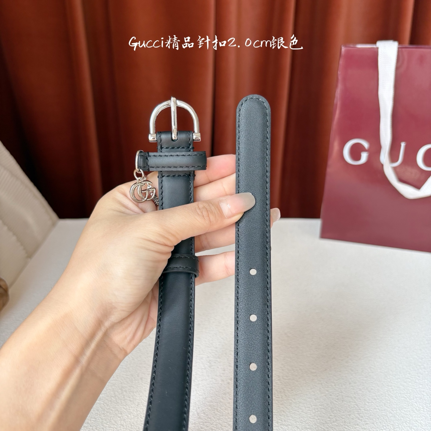 Gucci 经典款面平纹进口原厂皮 搭配原版平纹底 精品针扣 戒指上有品牌logo吊坠 宽2.0Cm 潮