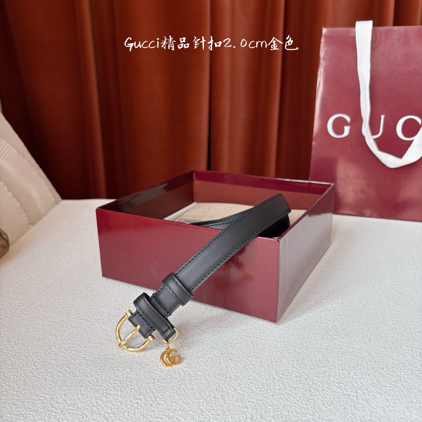 Gucci 经典款面平纹进口原厂皮 搭配原版平纹底 精品针扣 戒指上有品牌logo吊坠 宽2.0Cm 潮