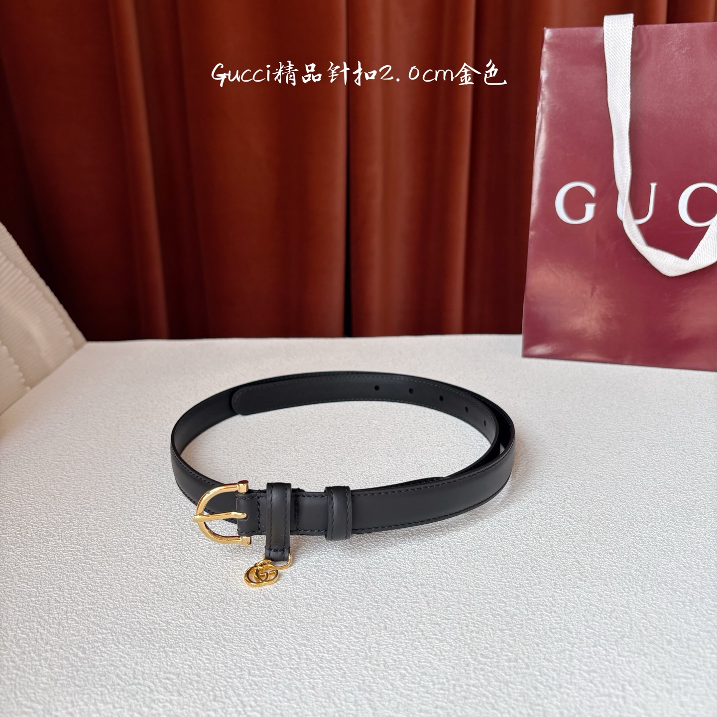 Gucci 经典款面平纹进口原厂皮 搭配原版平纹底 精品针扣 戒指上有品牌logo吊坠 宽2.0Cm 潮