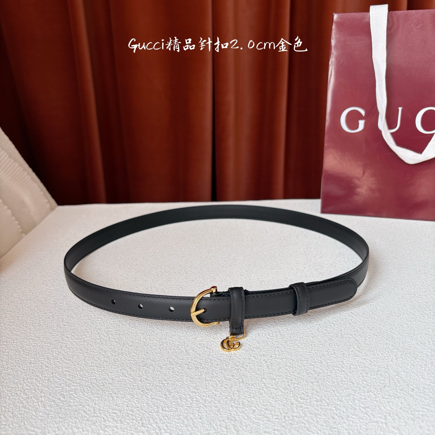 Gucci 经典款面平纹进口原厂皮 搭配原版平纹底 精品针扣 戒指上有品牌logo吊坠 宽2.0Cm 潮
