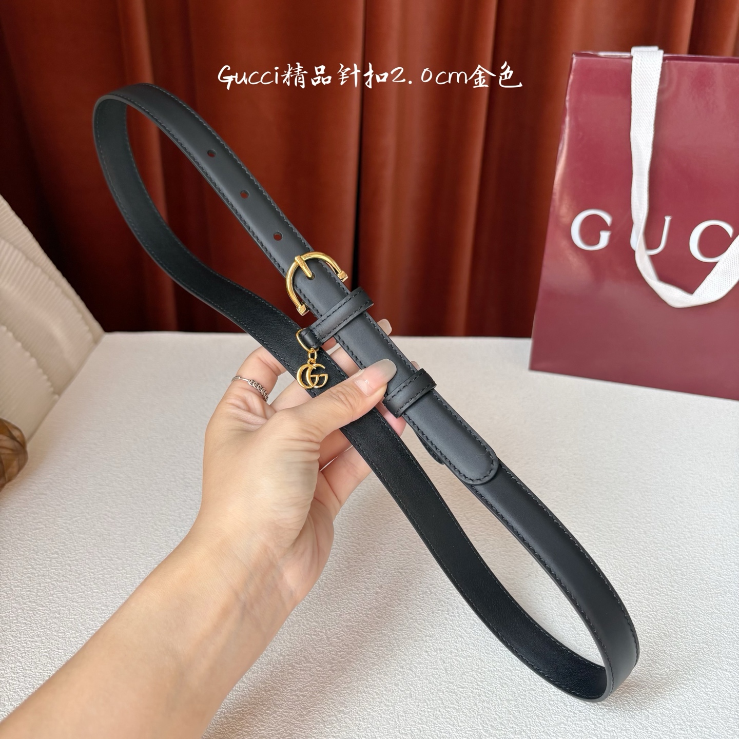 Gucci 经典款面平纹进口原厂皮 搭配原版平纹底 精品针扣 戒指上有品牌logo吊坠 宽2.0Cm 潮