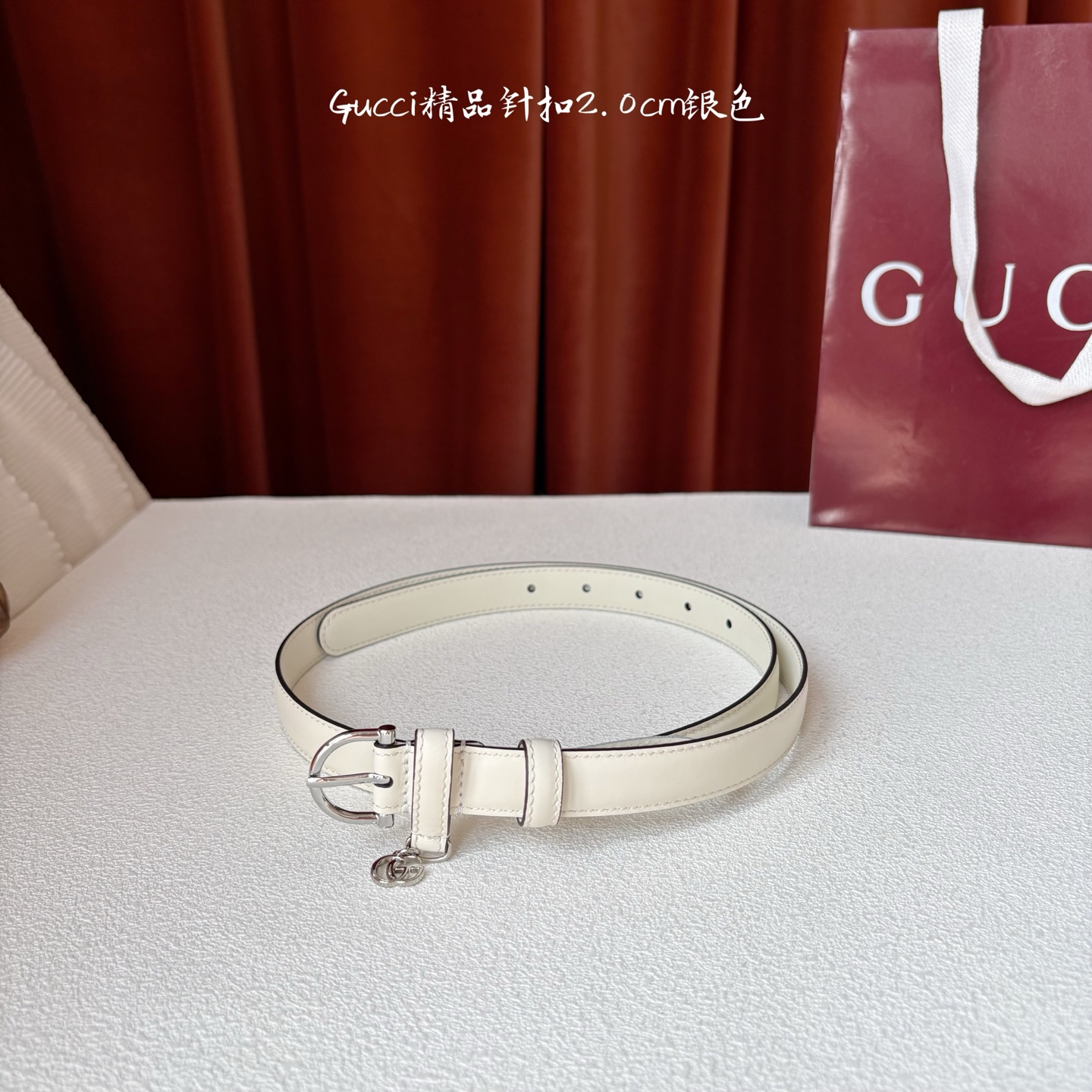 Gucci 经典款面平纹进口原厂皮 搭配原版平纹底 精品针扣 戒指上有品牌logo吊坠 宽2.0Cm 潮