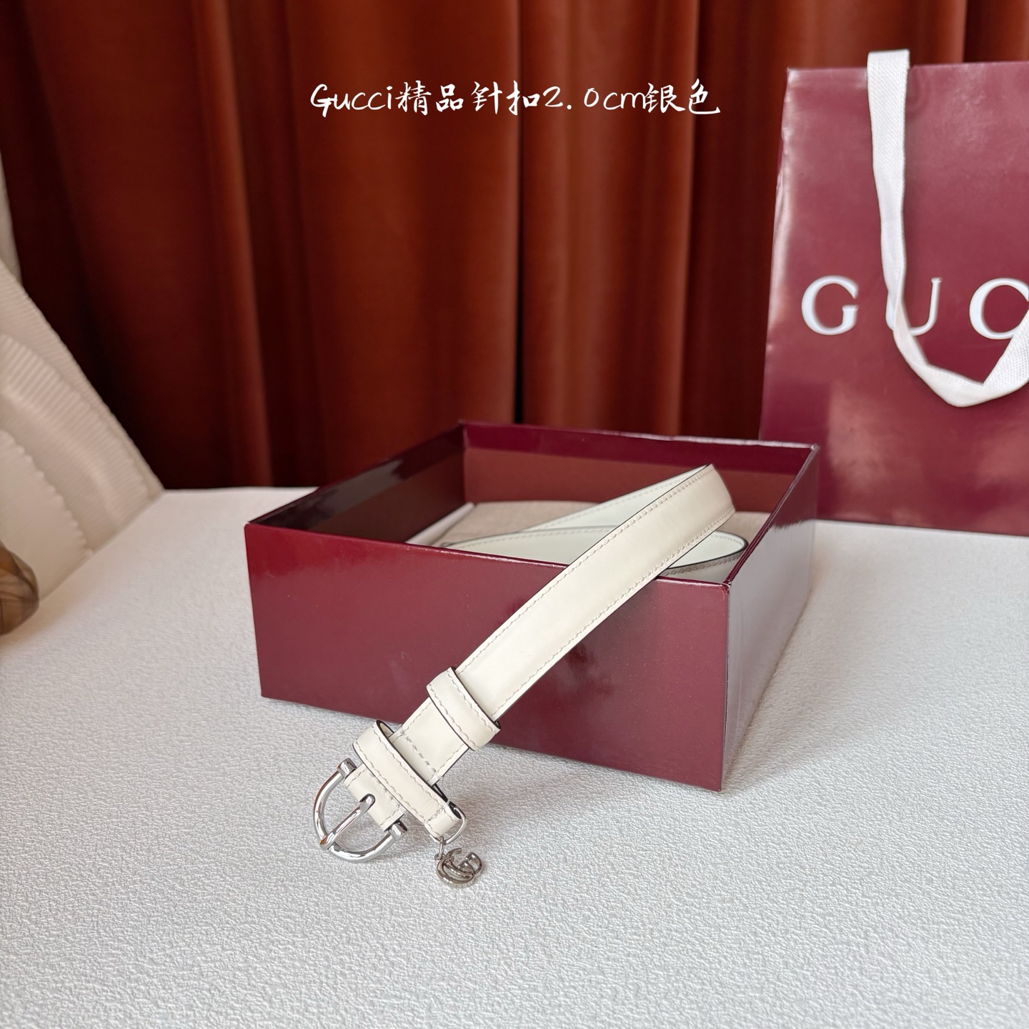 Gucci 经典款面平纹进口原厂皮 搭配原版平纹底 精品针扣 戒指上有品牌logo吊坠 宽2.0Cm 潮