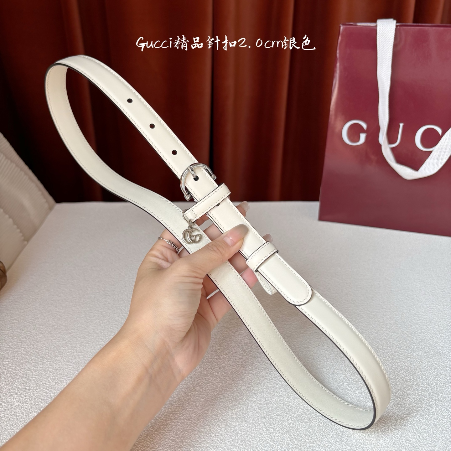 Gucci 经典款面平纹进口原厂皮 搭配原版平纹底 精品针扣 戒指上有品牌logo吊坠 宽2.0Cm 潮