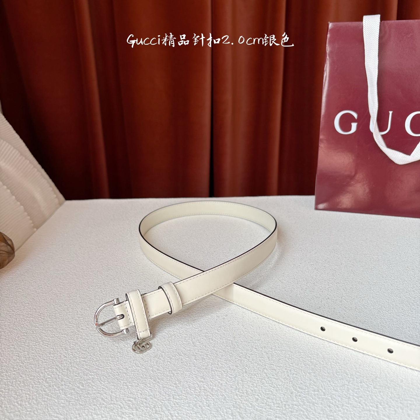 Gucci 经典款面平纹进口原厂皮 搭配原版平纹底 精品针扣 戒指上有品牌logo吊坠 宽2.0Cm 潮