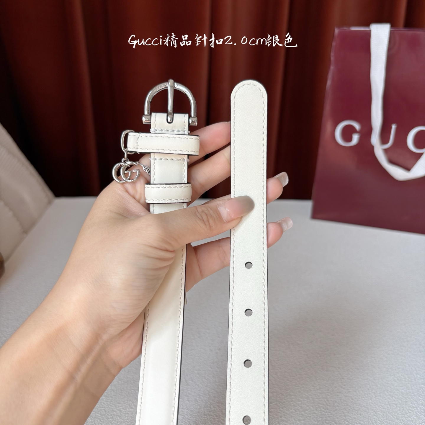 Gucci 经典款面平纹进口原厂皮 搭配原版平纹底 精品针扣 戒指上有品牌logo吊坠 宽2.0Cm 潮