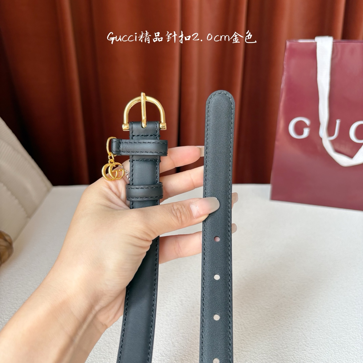 Gucci 经典款面平纹进口原厂皮 搭配原版平纹底 精品针扣 戒指上有品牌logo吊坠 宽2.0Cm 潮