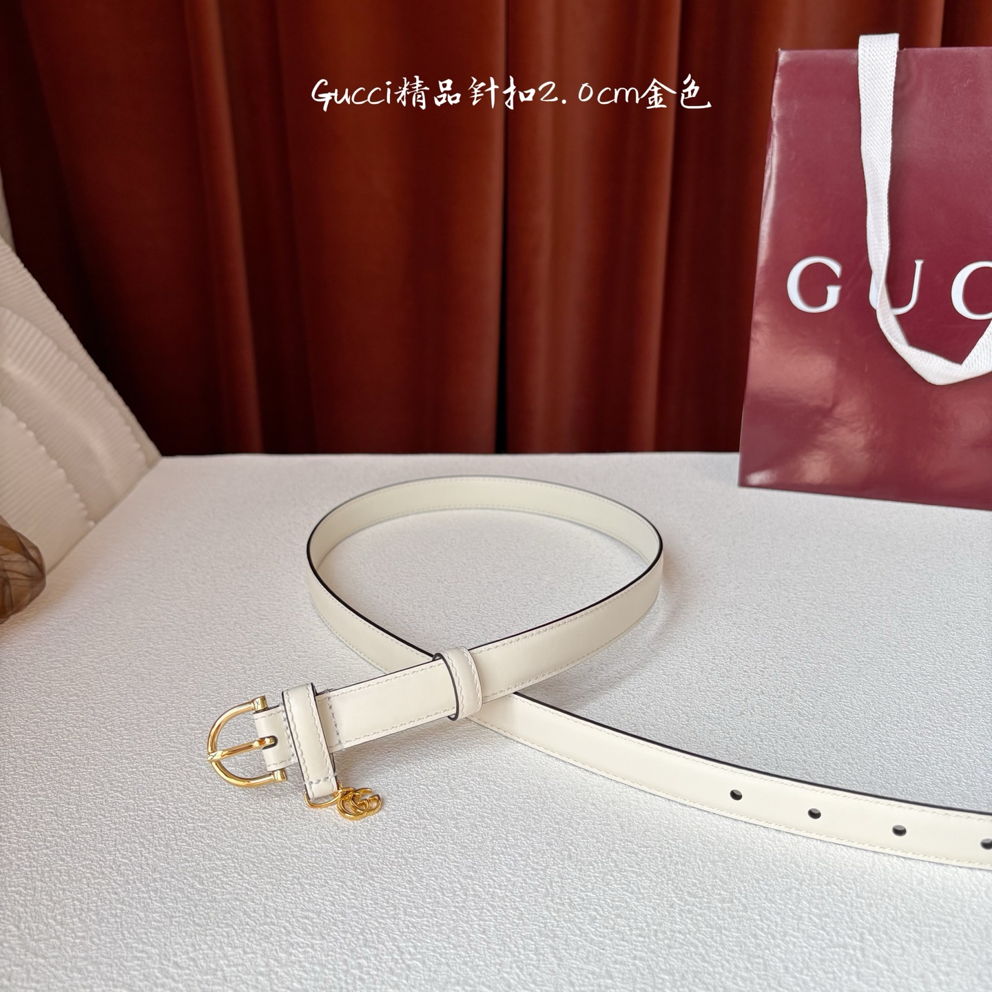 Gucci 经典款面平纹进口原厂皮 搭配原版平纹底 精品针扣 戒指上有品牌logo吊坠 宽2.0Cm 潮