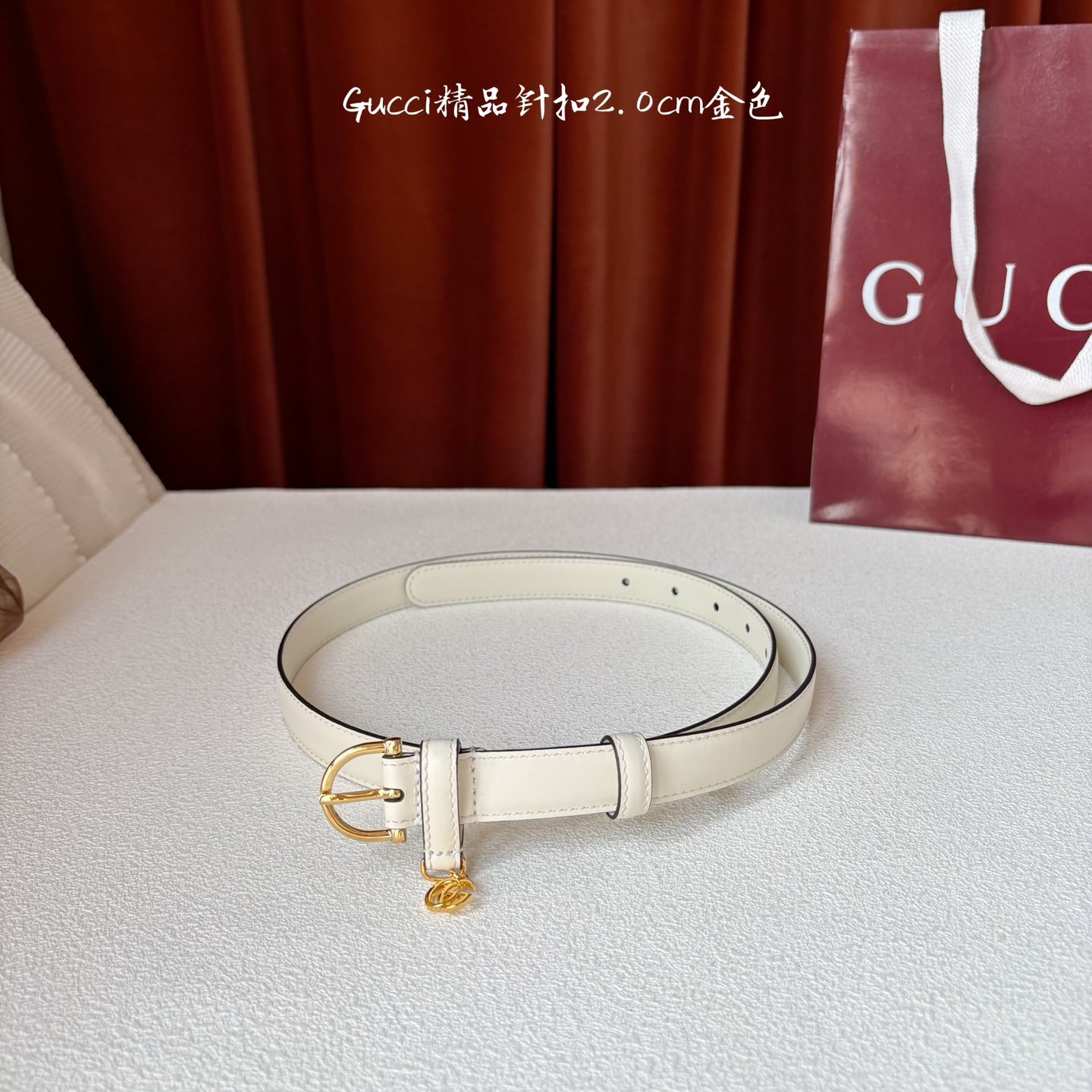 Gucci 经典款面平纹进口原厂皮 搭配原版平纹底 精品针扣 戒指上有品牌logo吊坠 宽2.0Cm 潮