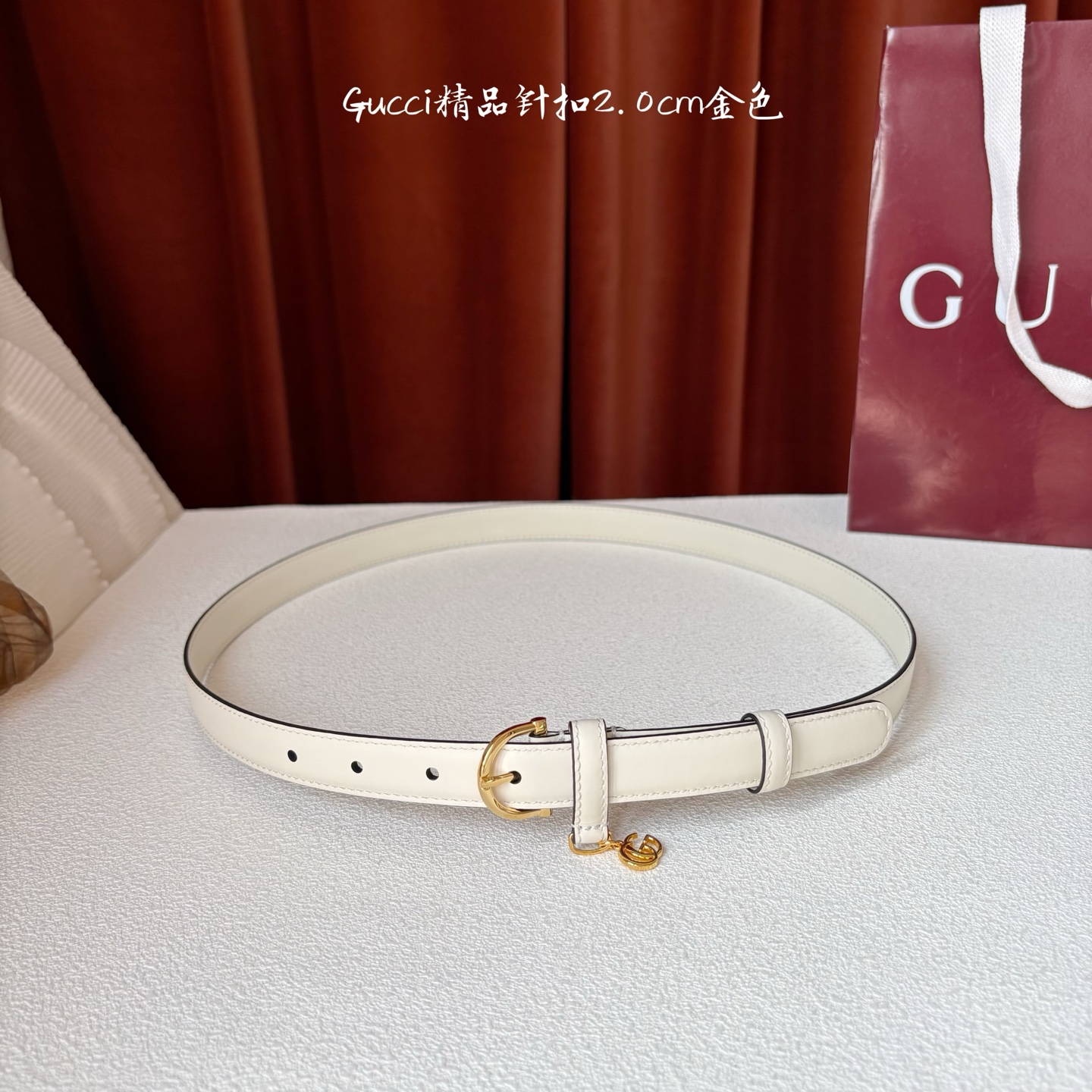 Gucci 经典款面平纹进口原厂皮 搭配原版平纹底 精品针扣 戒指上有品牌logo吊坠 宽2.0Cm 潮
