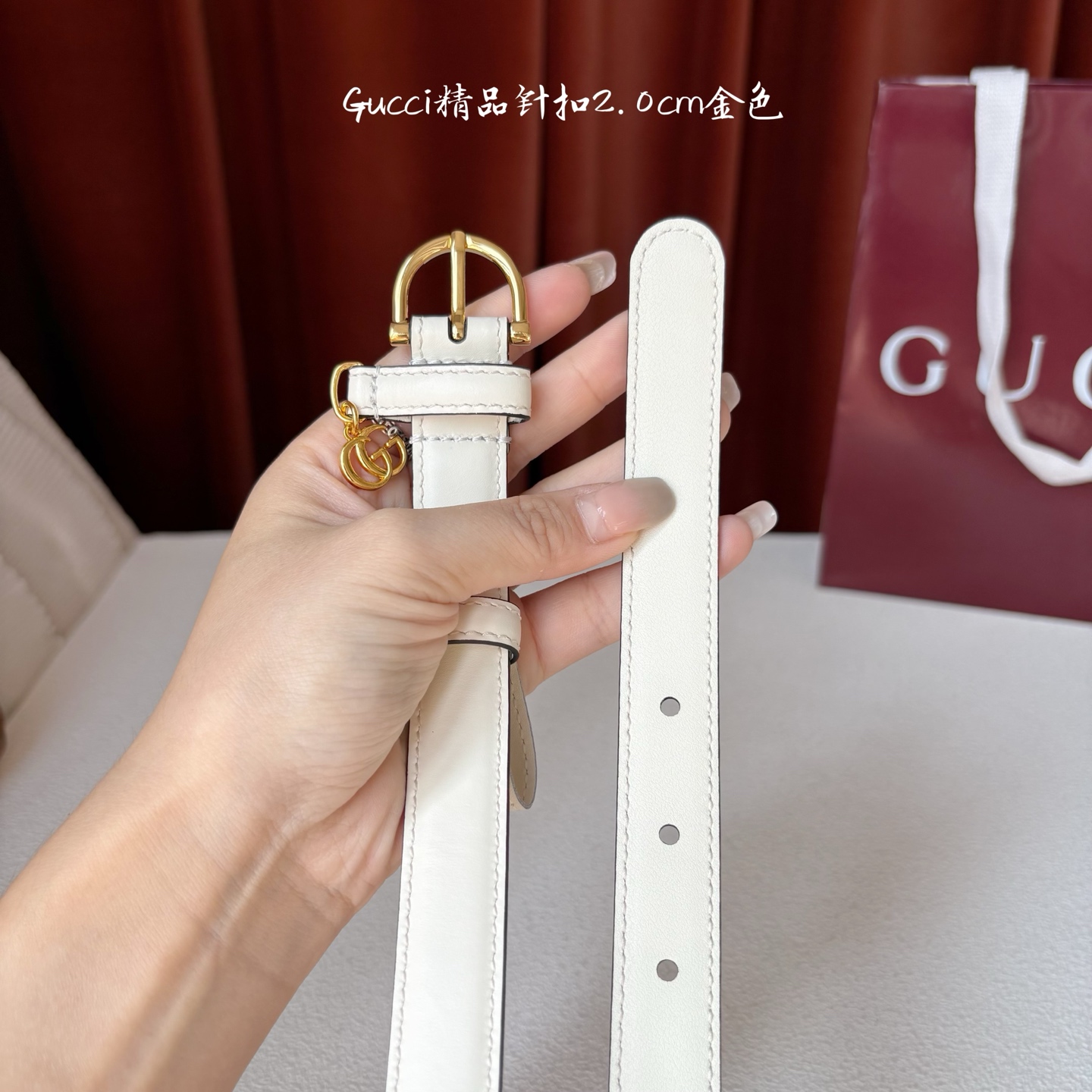Gucci 经典款面平纹进口原厂皮 搭配原版平纹底 精品针扣 戒指上有品牌logo吊坠 宽2.0Cm 潮