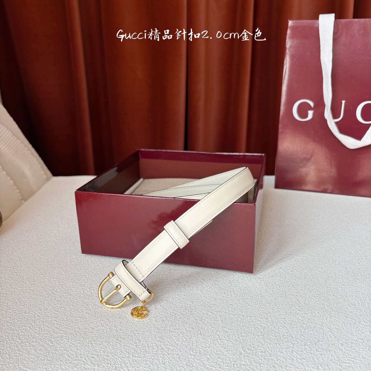 Gucci 经典款面平纹进口原厂皮 搭配原版平纹底 精品针扣 戒指上有品牌logo吊坠 宽2.0Cm 潮