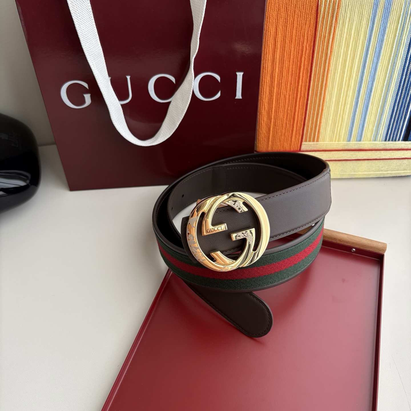 Gucci 经典原单品质，红蓝织带拼接小牛皮，原单精品挂扣，精工制作，细节看图，实物拍摄，高端奢华，宽度