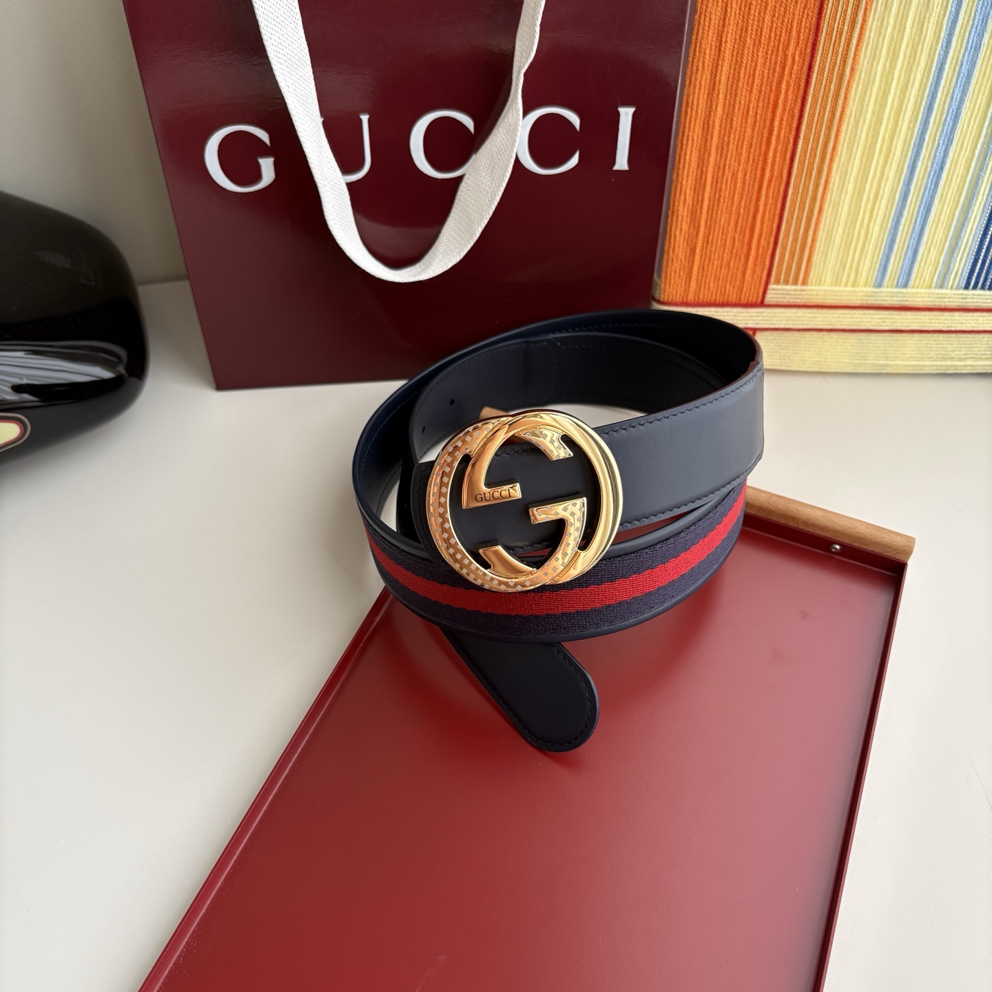 Gucci 经典原单品质，红蓝织带拼接小牛皮，原单精品挂扣，精工制作，细节看图，实物拍摄，高端奢华，宽度
