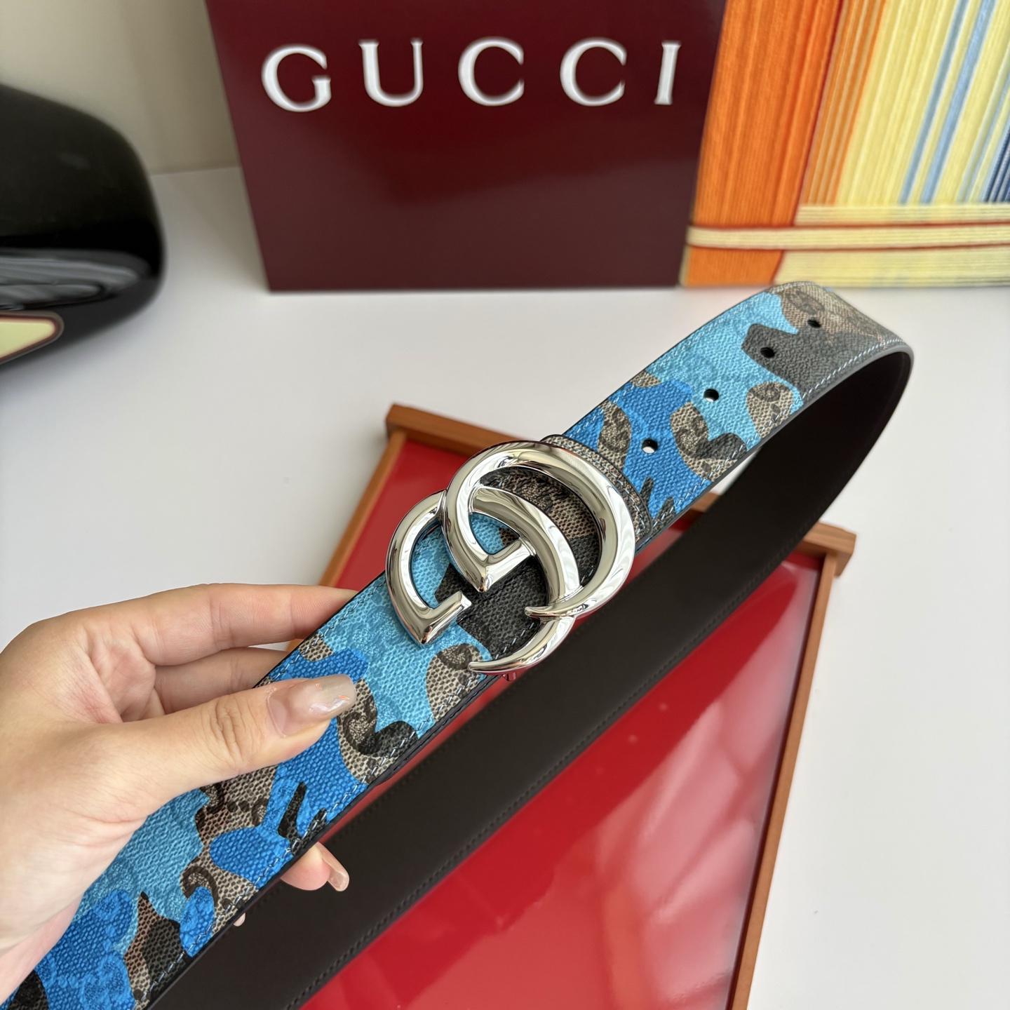 Gucci 经典原单品质，新款蓝色印花搭配原版平纹底，纯铜挂扣，精工制作，细节看图，实物拍摄，高端奢华，