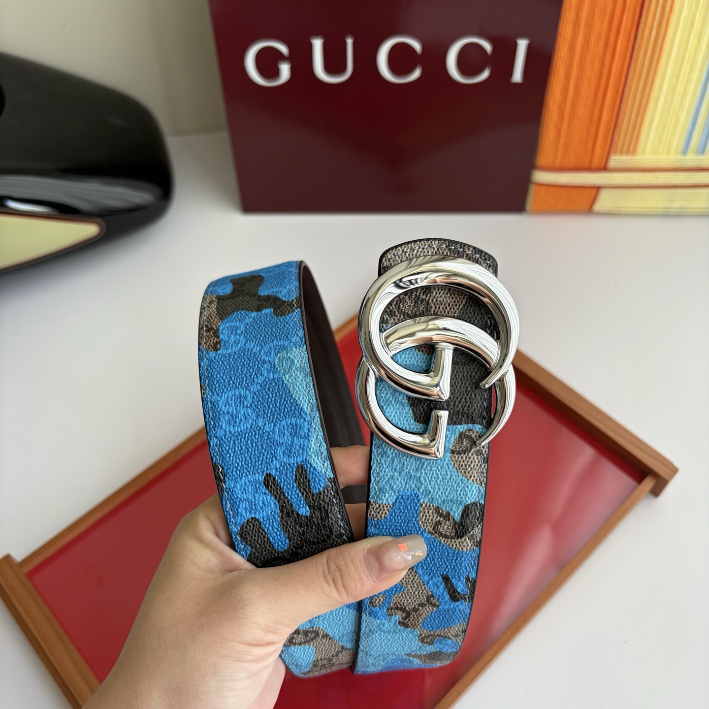 Gucci 经典原单品质，新款蓝色印花搭配原版平纹底，纯铜挂扣，精工制作，细节看图，实物拍摄，高端奢华，