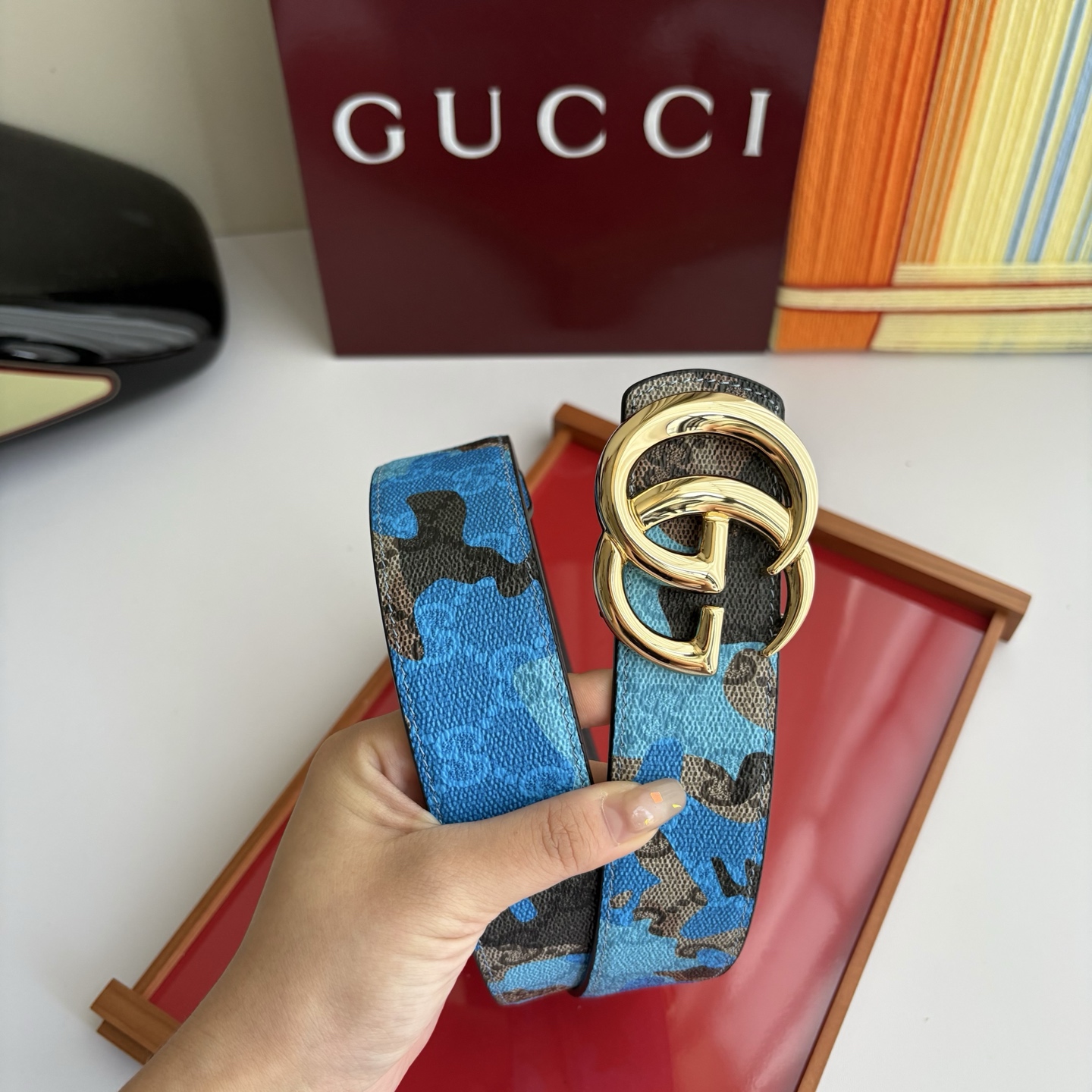 Gucci 经典原单品质，新款蓝色印花搭配原版平纹底，纯铜挂扣，精工制作，细节看图，实物拍摄，高端奢华，
