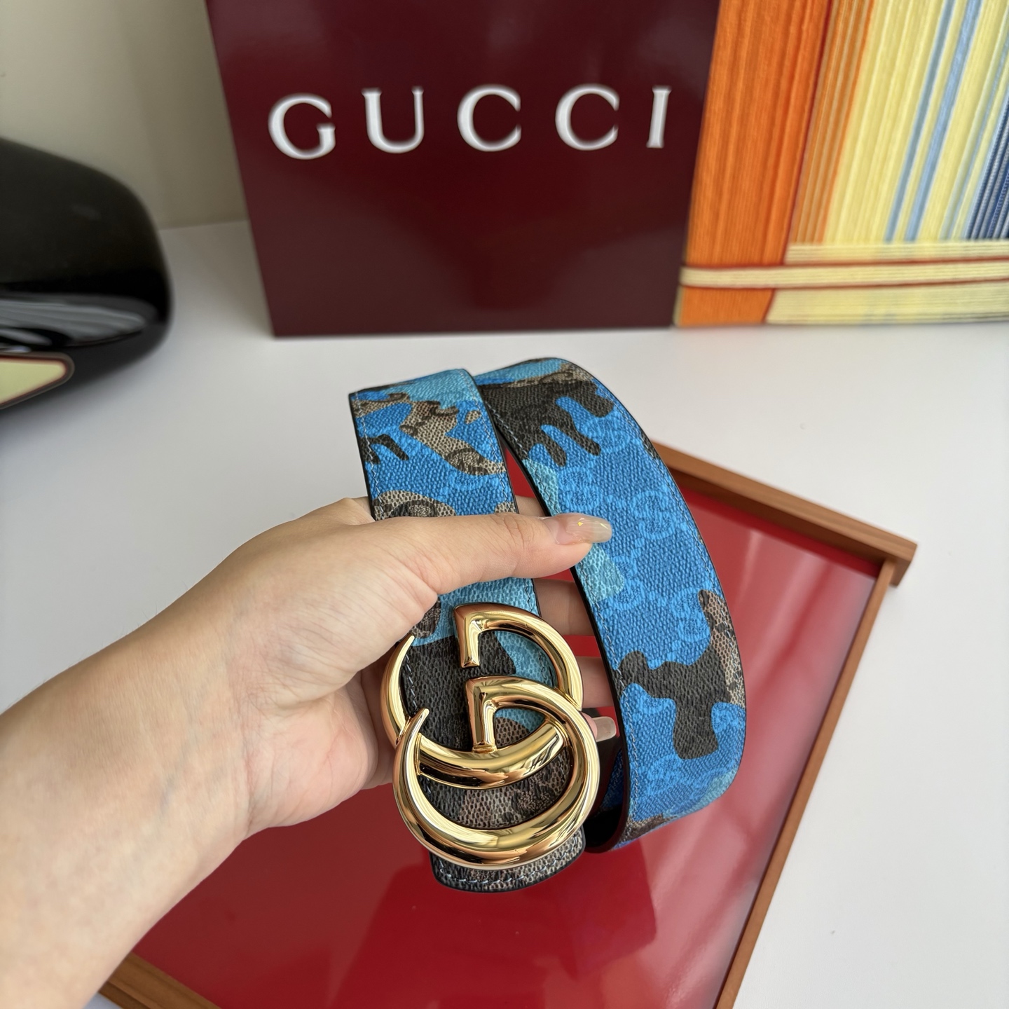 Gucci 经典原单品质，新款蓝色印花搭配原版平纹底，纯铜挂扣，精工制作，细节看图，实物拍摄，高端奢华，