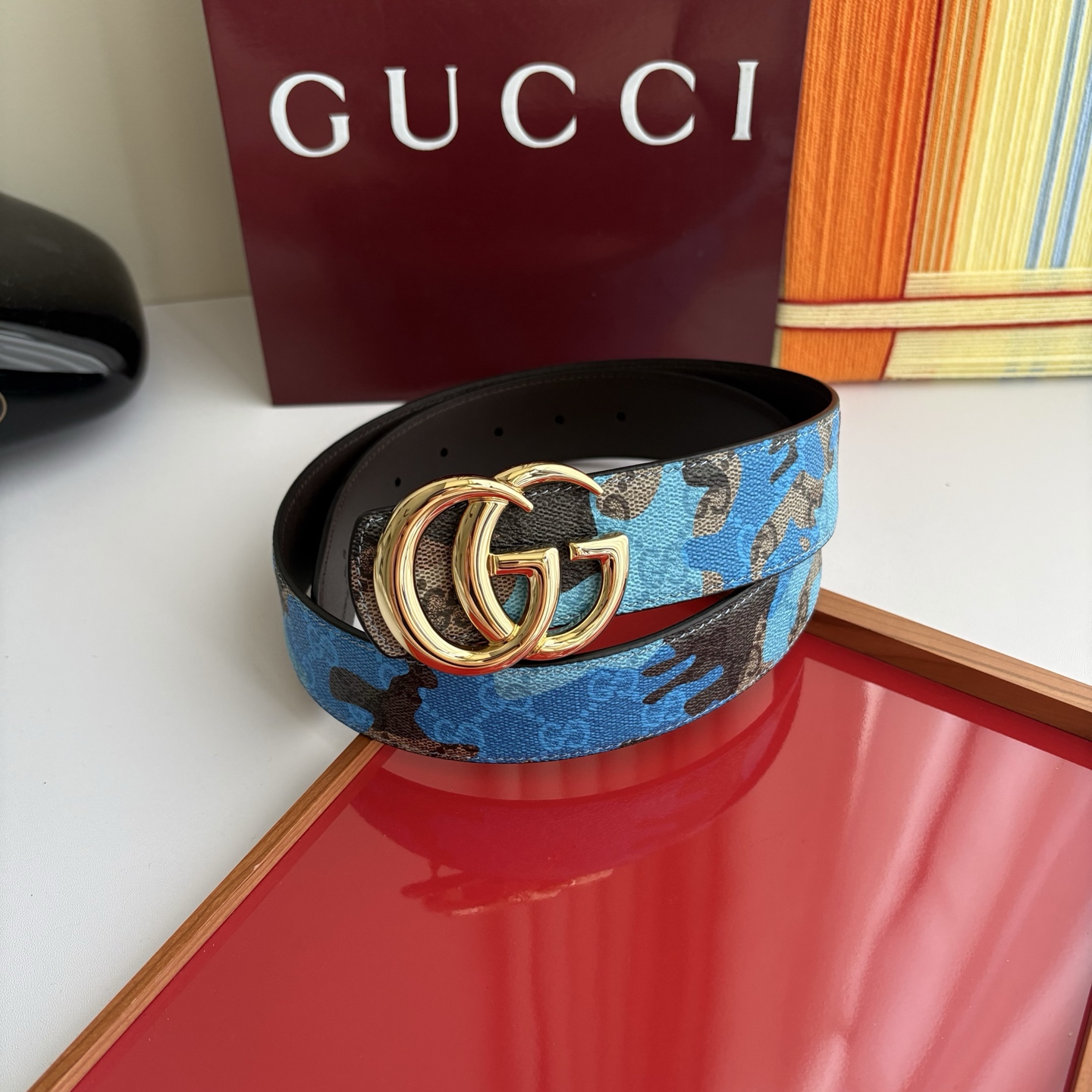 Gucci 经典原单品质，新款蓝色印花搭配原版平纹底，纯铜挂扣，精工制作，细节看图，实物拍摄，高端奢华，