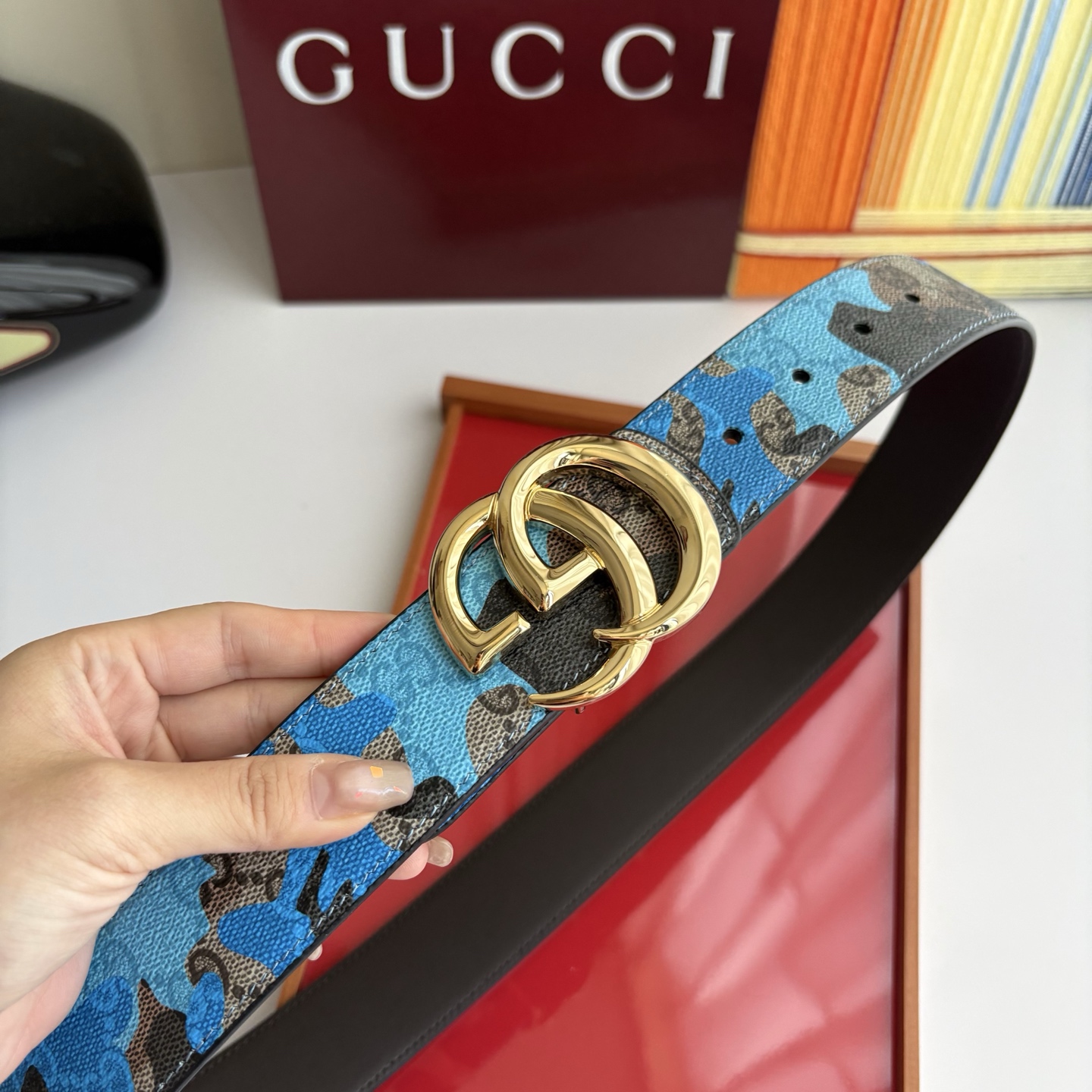 Gucci 经典原单品质，新款蓝色印花搭配原版平纹底，纯铜挂扣，精工制作，细节看图，实物拍摄，高端奢华，