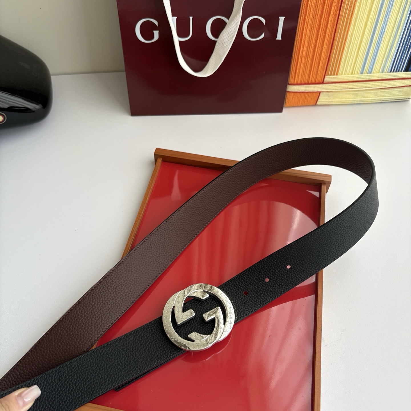 Gucci 经典原单品质，黑咖双面荔枝纹，精品钢扣，精工制作，细节看图，实物拍摄，高端奢华，宽度4.0c