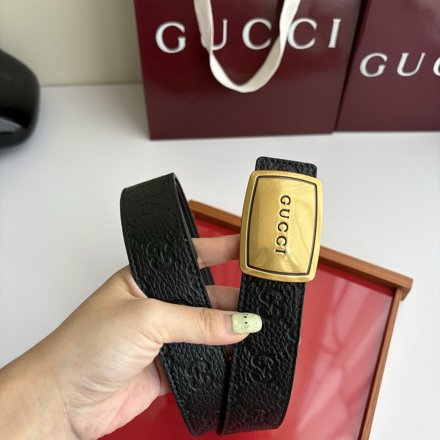 Gucci 经典原单品质，Pvc压花面搭配原版荔枝纹底，纯铜挂扣，精工制作，细节看图，实物拍摄，高端奢华，宽度3.5cm