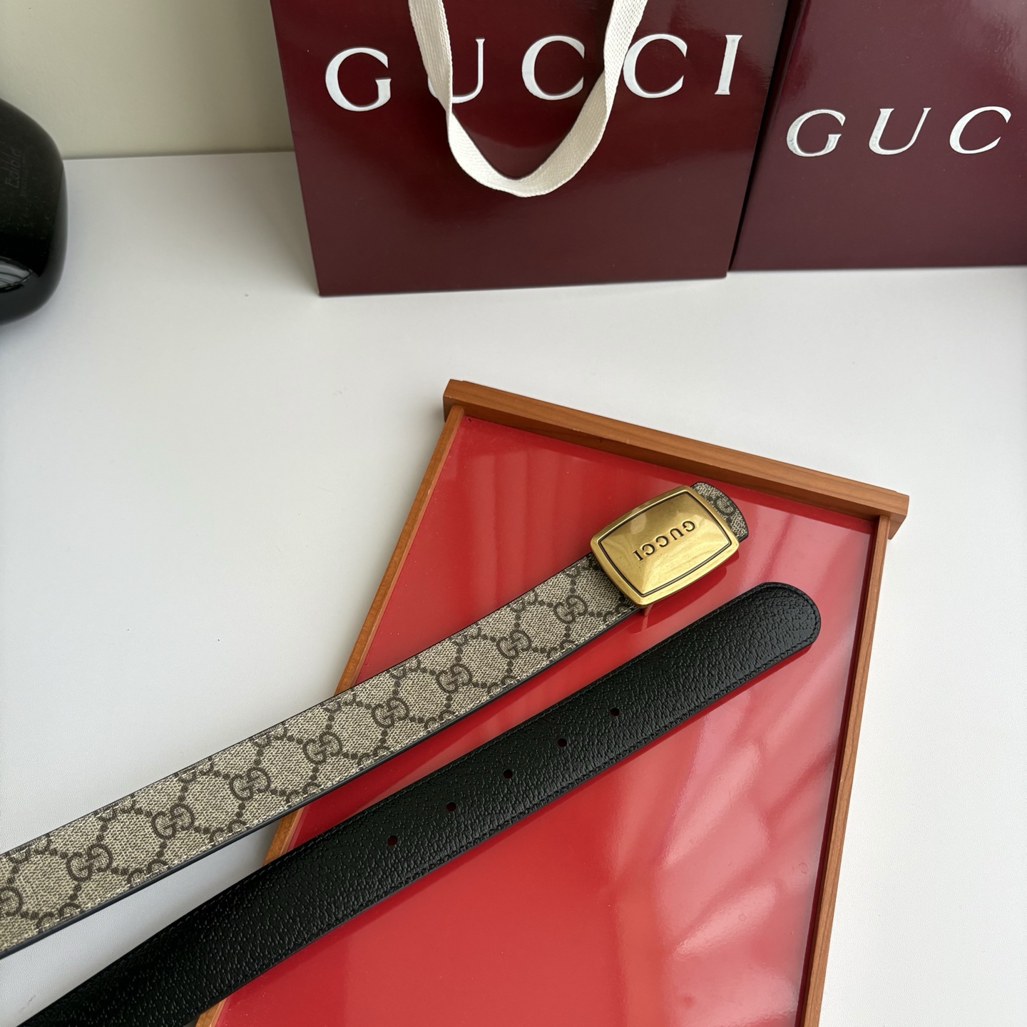 Gucci 经典原单品质，Pvc咖色印花面搭配原版猪皮纹底，纯铜挂扣，精工制作，细节看图，实物拍摄，高端奢华，宽度3.5