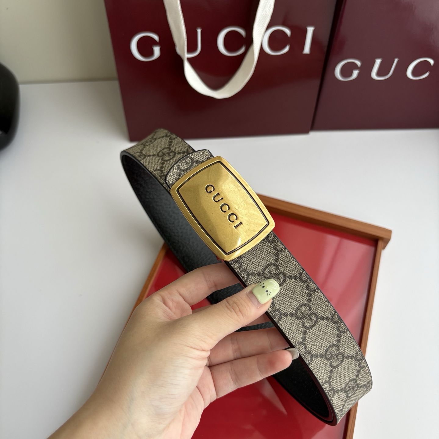 Gucci 经典原单品质，Pvc咖色印花面搭配原版猪皮纹底，纯铜挂扣，精工制作，细节看图，实物拍摄，高端奢华，宽度3.5