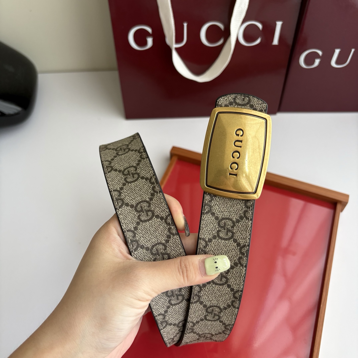 Gucci 经典原单品质，Pvc咖色印花面搭配原版猪皮纹底，纯铜挂扣，精工制作，细节看图，实物拍摄，高端奢华，宽度3.5