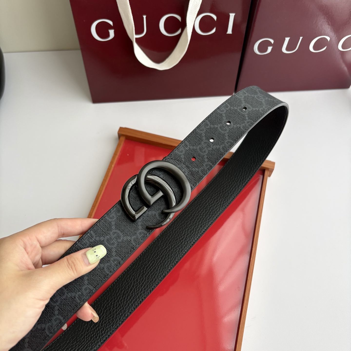 Gucci 经典原单品质，Pvc黑色印花面搭配原版荔枝纹底，纯铜挂扣，精工制作，细节看图，实物拍摄，高端奢华，宽度4.0