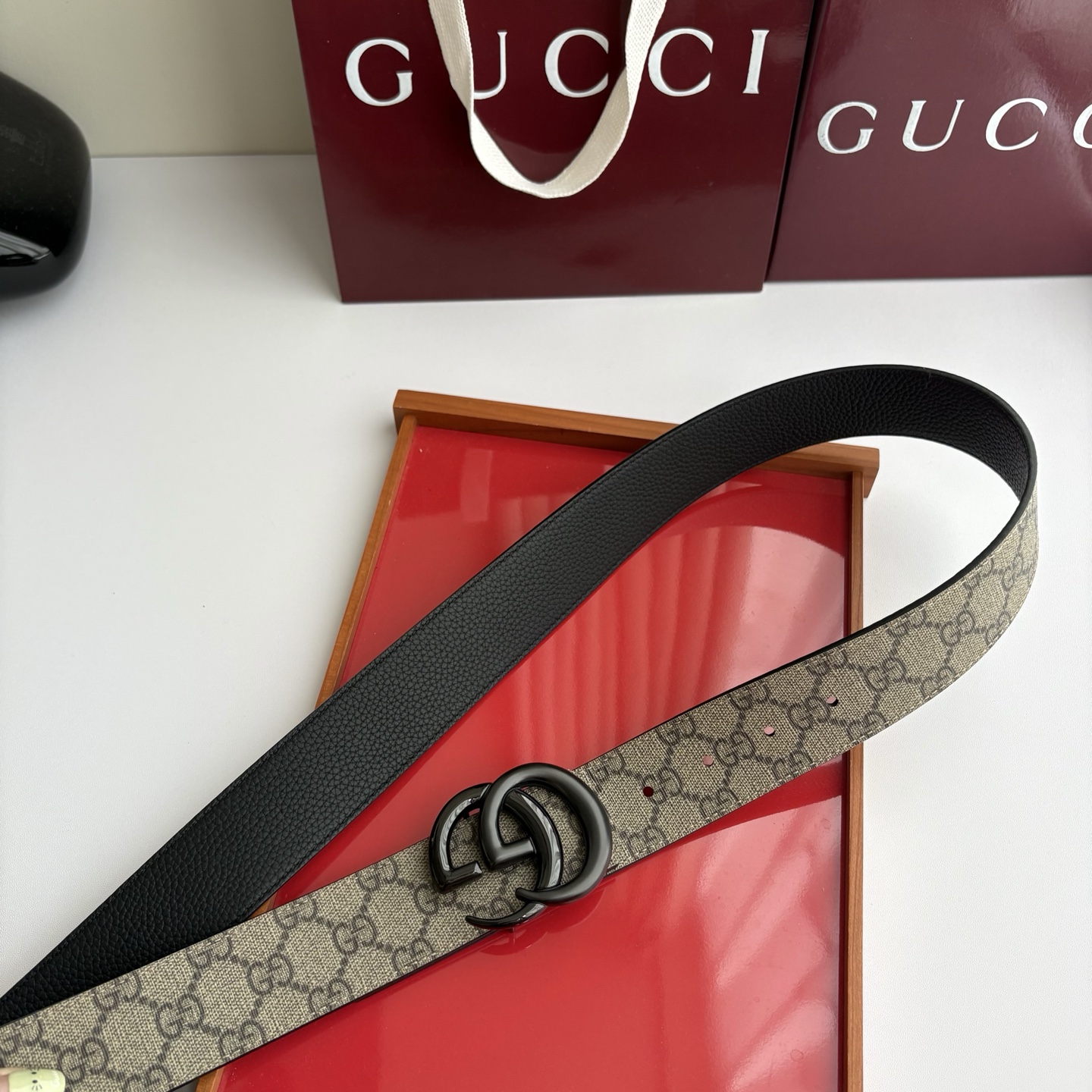 Gucci 经典原单品质，Pvc咖色印花面搭配原版荔枝纹底，纯铜挂扣，精工制作，细节看图，实物拍摄，高端奢华，宽度4.0