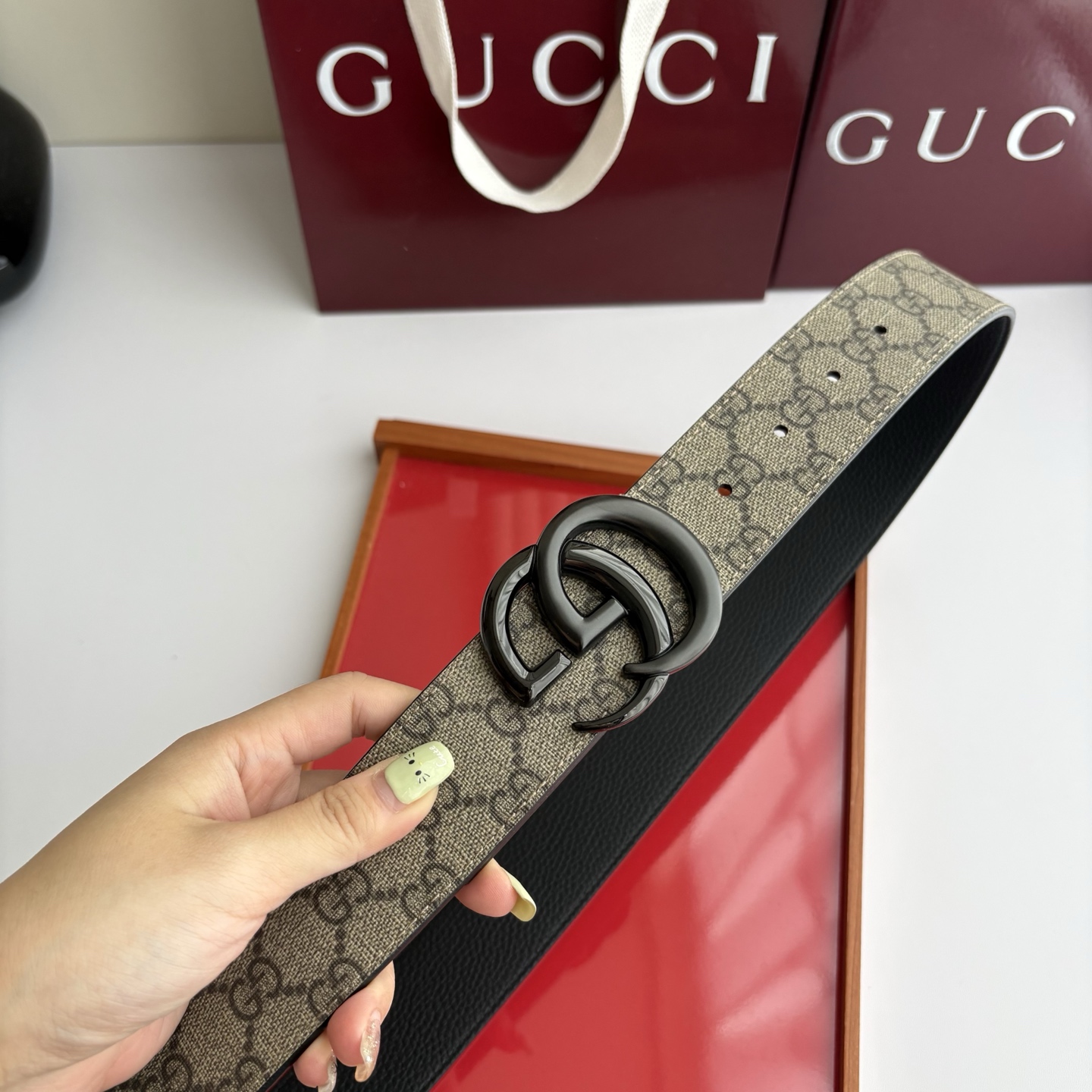 Gucci 经典原单品质，Pvc咖色印花面搭配原版荔枝纹底，纯铜挂扣，精工制作，细节看图，实物拍摄，高端奢华，宽度4.0