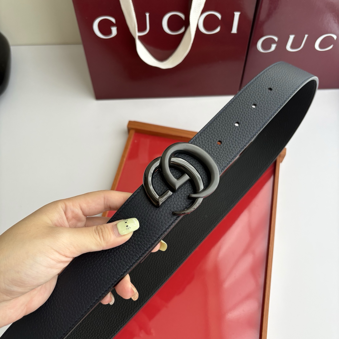 Gucci 经典原单品质，黑蓝双面荔枝纹，纯铜挂扣，精工制作，细节看图，实物拍摄，高端奢华，宽度4.0cm