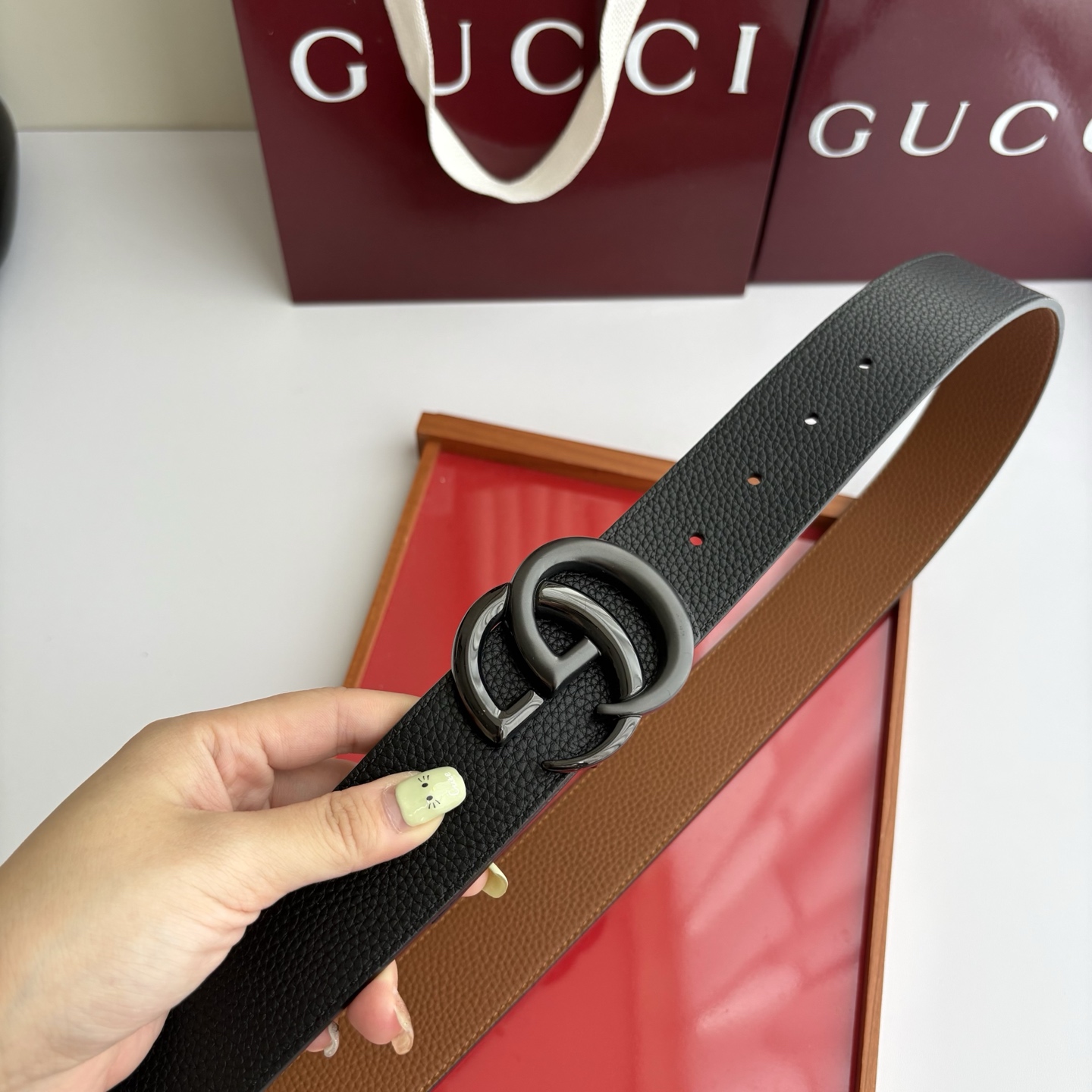 Gucci 经典原单品质，黑土黄双面荔枝纹，纯铜挂扣，精工制作，细节看图，实物拍摄，高端奢华，宽度4.0cm